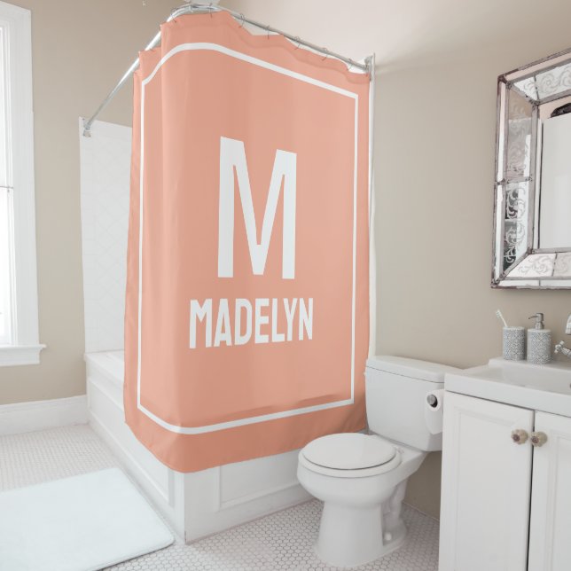 Elegant Custom name Monogram Peach And white   Shower Curtain (In Situ)