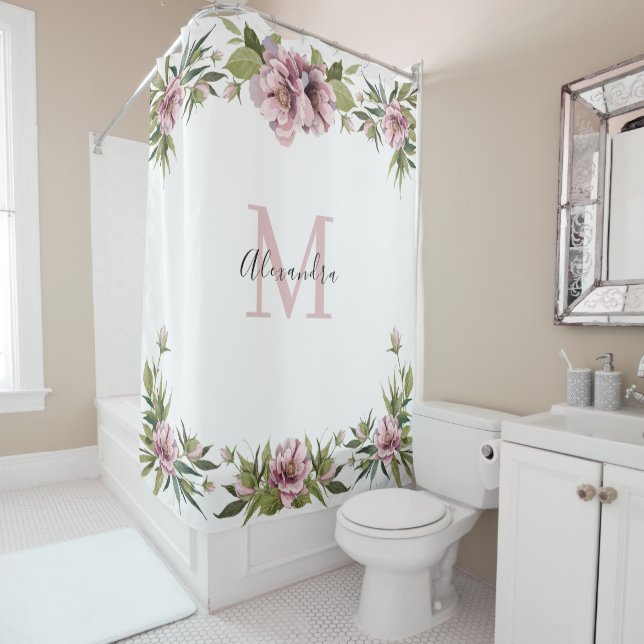 Elegant custom name monogram pink floral peonies shower curtain (In Situ)