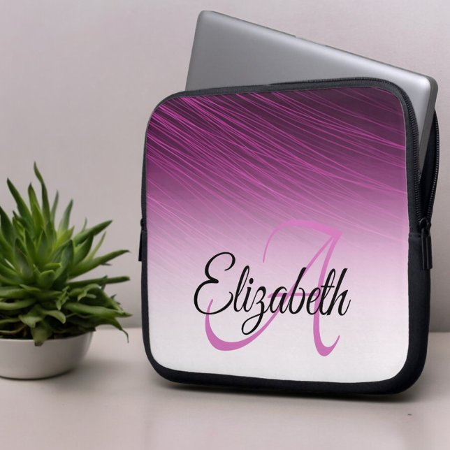 Elegant Custom Name Monogram Purple Ombre Streaks Laptop Sleeve (front laptop sleeve with monogram and name template text)