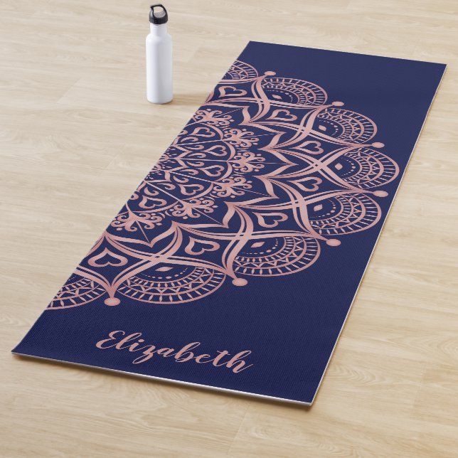 Elegant Custom Navy Blue and Rose Gold Mandala Yoga Mat (In Situ)