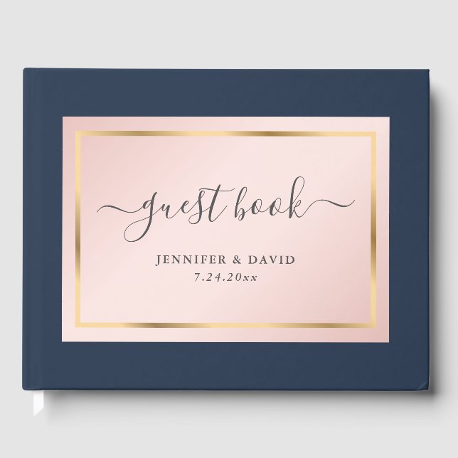Elegant Custom Navy Blue Blush and Gold Wedding Guest Book (Front)