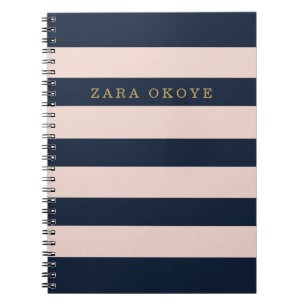 Elegant Custom Navy Blue & Blush Pink Striped  Notebook