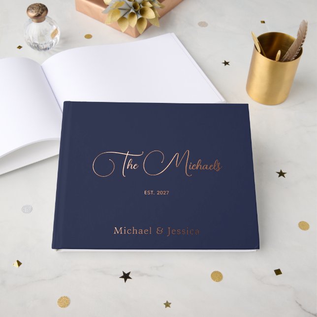 Elegant Custom Navy Blue Foil Wedding Guestbook (Front Open)