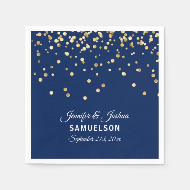 Elegant Custom NAVY BLUE Gold Confetti Wedding Napkin (Front)