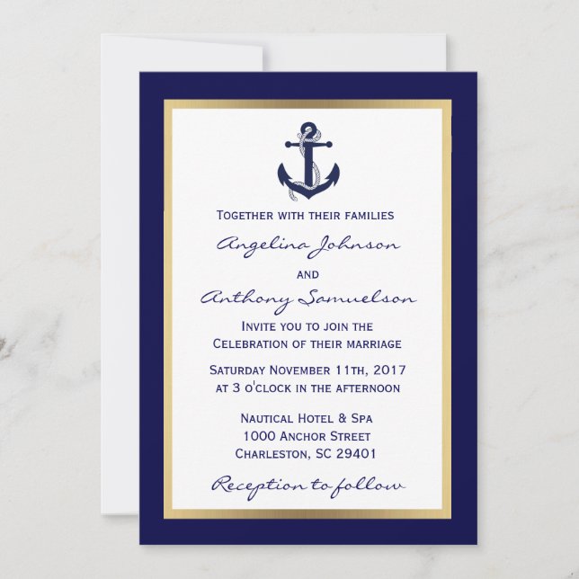 Elegant Custom Navy Blue Nautical Wedding Invites (Front)