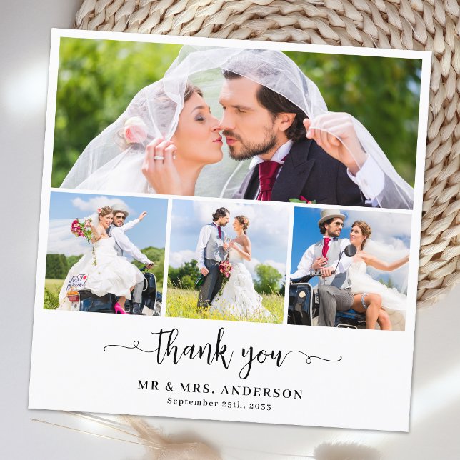 Elegant Custom Newlyweds 4 Photo Collage Wedding Thank You Card (Creator Uploaded)