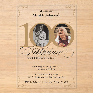 Elegant Custom Photo 100th Birthday Party Acrylic Invitations
