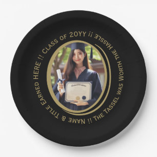 Elegant Custom Photo, Black and Gold Graduation  Paper Plate
