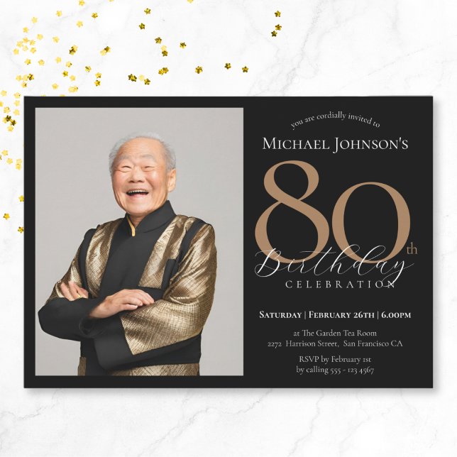 Elegant Custom Photo Black Gold 80th Birthday Invitation (Elegant Custom Photo Black Gold 80th Birthday Invitation)