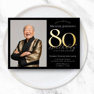 Elegant Custom Photo Black Gold Foil 80th Birthday
