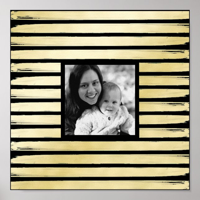 Elegant custom photo black gold foil paint striped poster (Front)