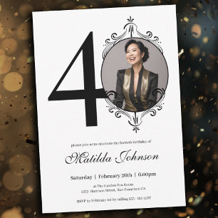 Elegant Custom Photo Black White 40th Birthday Invitation