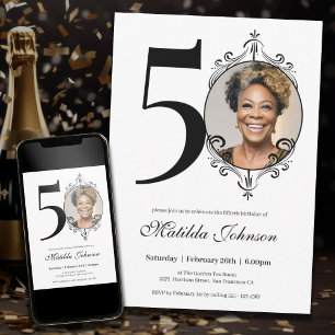 Elegant Custom Photo Black White 50th Birthday Invitation