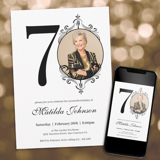 Elegant Custom Photo Black White 70th Birthday Invitation (70th Birthday Black White Elegant Custom Photo Invitation)