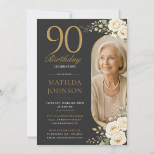 Elegant Custom Photo Floral Gold 90th Birthday Invitation