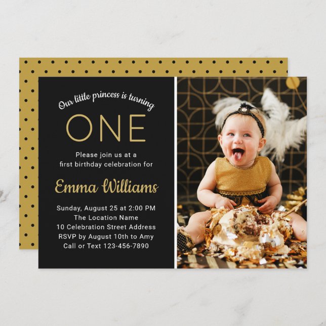 Elegant Custom Photo Gold Black First 1st Birthday Invitation (Front/Back)
