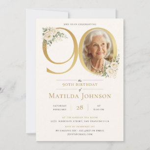 Elegant Custom Photo Gold Floral 90th Birthday Invitation