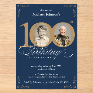 Elegant Custom Photo Gold Navy Blue 100th Birthday Acrylic Invitations