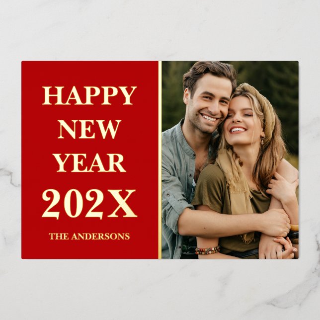 Elegant Custom Photo Happy New Year 2026 Red Gold (Front)