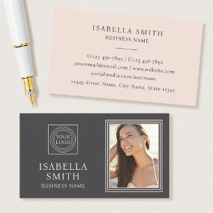 Elegant Custom Photo Logo Professional Pink Grey Business Card