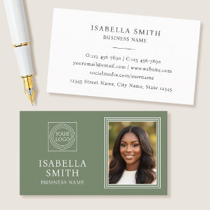 Elegant Custom Photo Logo Professional Sage Green Business Card
