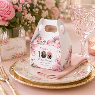 Elegant Custom Photo Pink Floral 100th Birthday Favour Box
