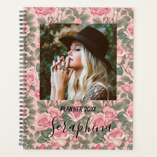 Elegant Custom Photo Pink Roses Planner (Front)