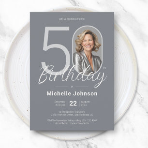Elegant Custom Photo White Silver 50th Birthday Invitation