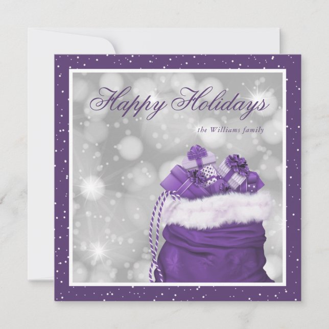 Elegant Custom Purple Snow Happy Holiday Cards (Front)