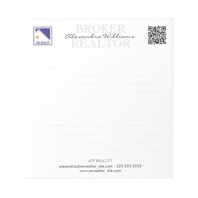 Elegant Custom Realtor Logo QR Code Lined Business Notepad (Front)