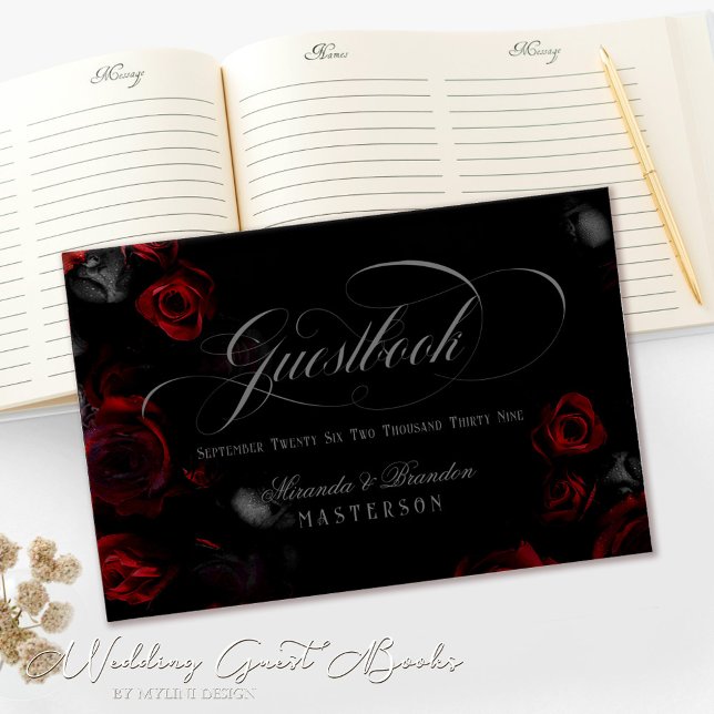 Elegant Custom Red and Black Floral Wedding Guest Book (Creator Uploaded)
