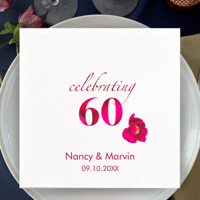 Elegant Custom Red Rose Floral 60th Anniversary Napkin (Add couple’s names and anniversary date for a beautiful elegant anniversary table. Unique red rose.)