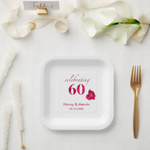 Elegant Custom Red Rose Floral 60th Anniversary Paper Plate