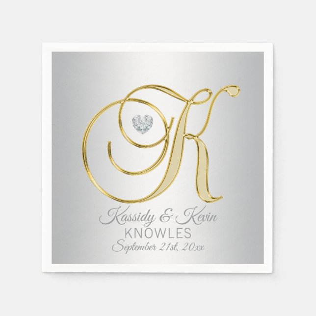 Elegant Custom Silver Grey Gold Wedding Napkin (Front)