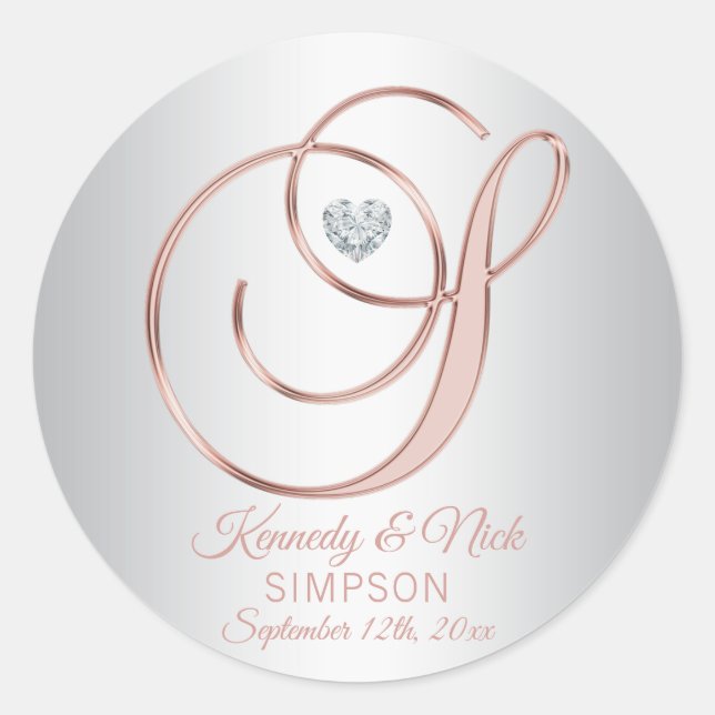 Elegant Custom Silver Grey Rose Gold Wedding Classic Round Sticker (Front)