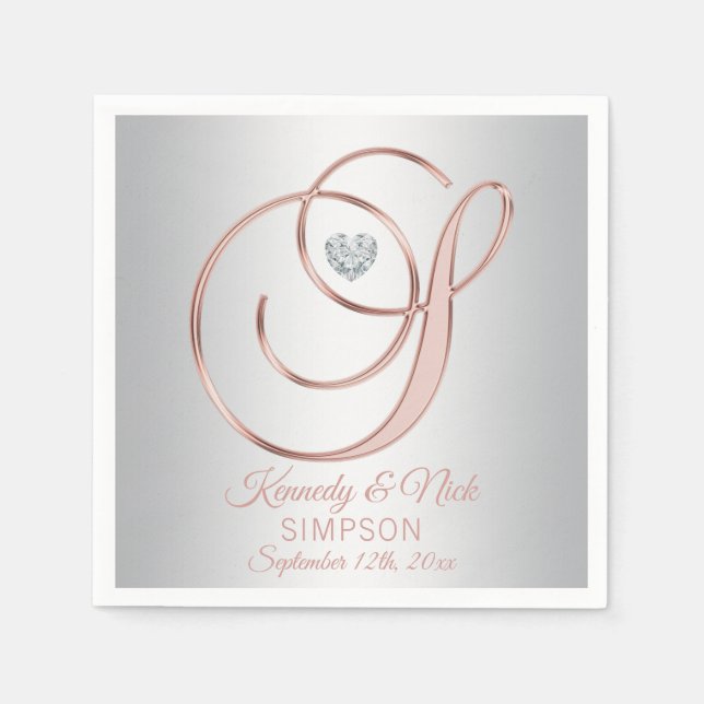 Elegant Custom Silver Grey Rose Gold Wedding Napkin (Front)