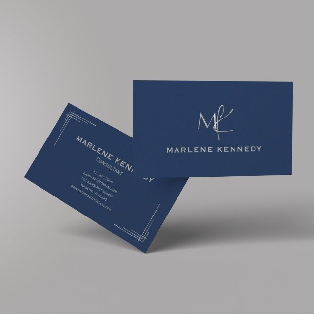 Elegant Custom Silver Monogram Navy Blue Business Business Card (Creator Uploaded)