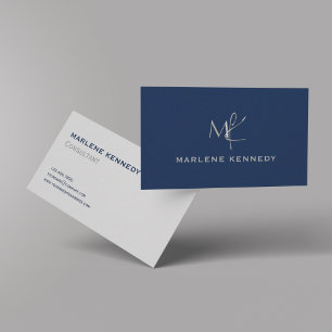 Elegant Custom Silver Monogram Navy Blue Business Card