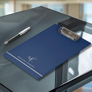 Elegant Custom Silver Monogram Navy Blue  Clipboard