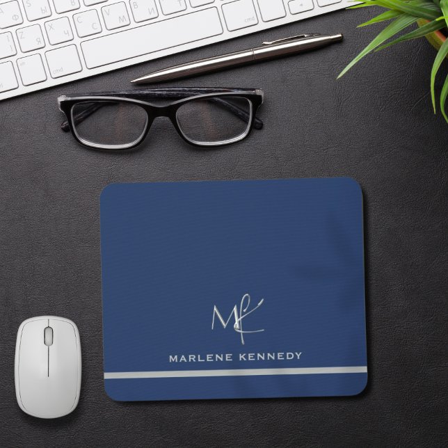Elegant Custom Silver Monogram Navy Blue  Mouse Pad (Creator Uploaded)