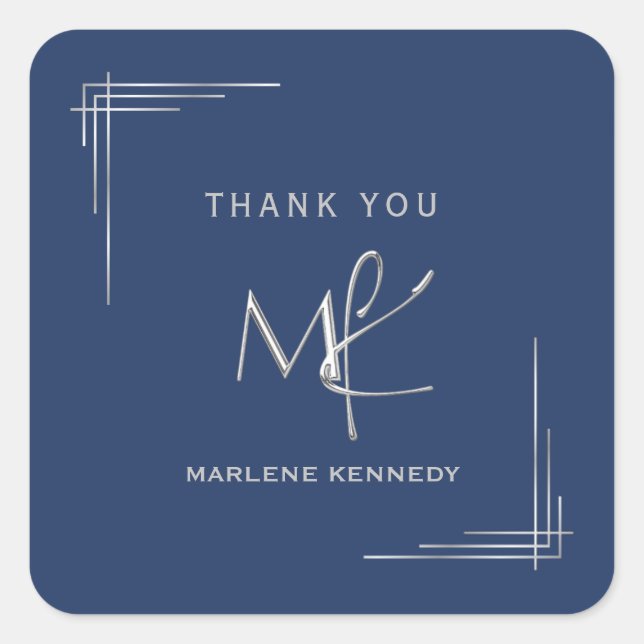 Elegant Custom Silver Monogram Navy Blue  Square Sticker (Front)