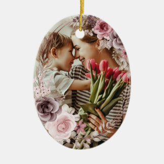 Elegant Custom Simple 2-Photo 2-sided Photo floral Ceramic Tree Decoration