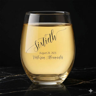 Elegant Custom Sixtieth Birthday Calligraphy Stemless Wine Glass