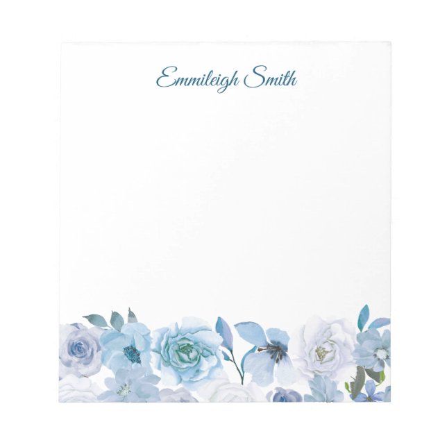 Elegant Custom Sky Blue White Watercolor Floral Notepad (Front)