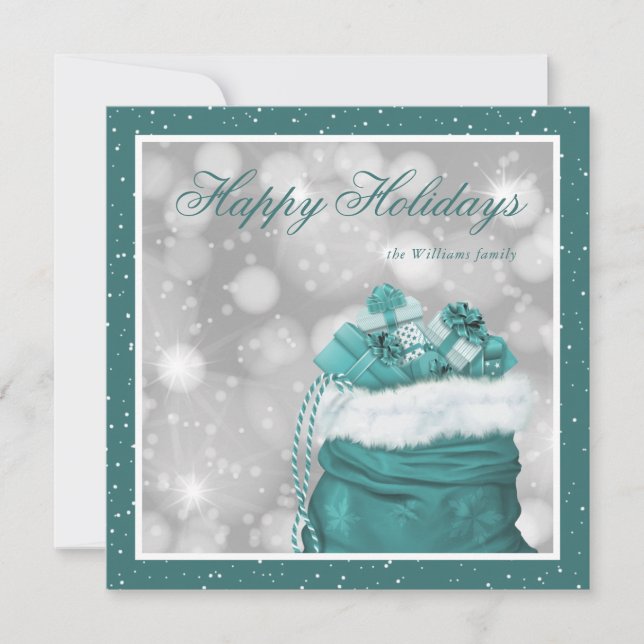 Elegant Custom Teal Snow Happy Holiday Cards (Front)