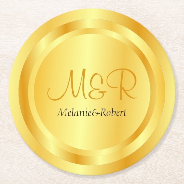 Elegant Custom Template Faux Gold Modern Monogram Round Paper Coaster (Front)