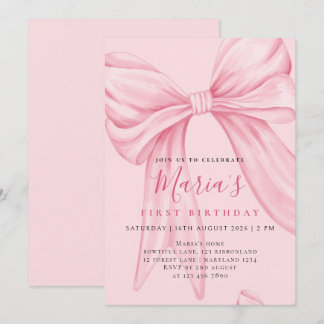 Elegant Custom Watercolor Pink Bow First Birthday Invitation