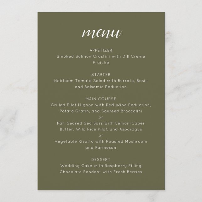 Elegant Custom Wedding Menu Template Olive Moss (Front)