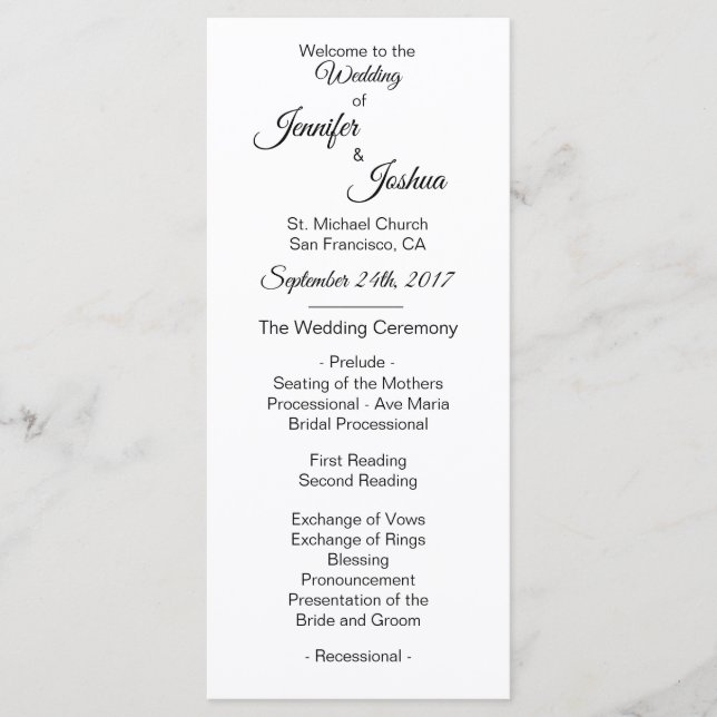 Elegant Custom White Black Wedding Programs Programme (Front)