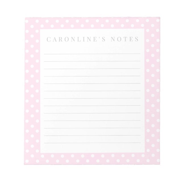 Elegant custom writing notepad with pink polkadots (Front)